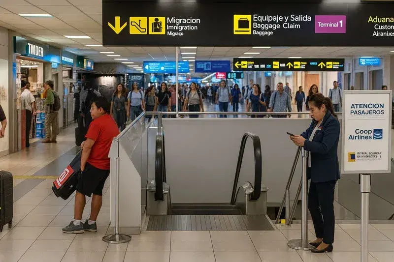 &Aacute;rea de llegadas del Aeropuerto de Tocumen en Panam&aacute;, con letreros claros indicando migraci&oacute;n, aduanas y retiro de equipaje, pasajeros caminando por el pasillo.