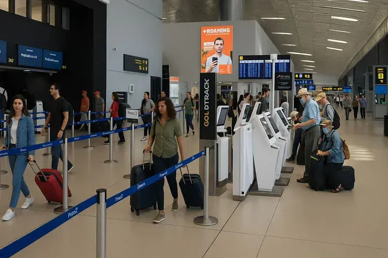 Zona de check-in en la Terminal 2 del Aeropuerto de Tocumen, Panam&aacute;, con pasajeros bien definidos utilizando kioscos de autoatenci&oacute;n, haciendo fila en l&iacute;neas organizadas y caminando con equipaje en un entorno moderno y bien iluminado.
