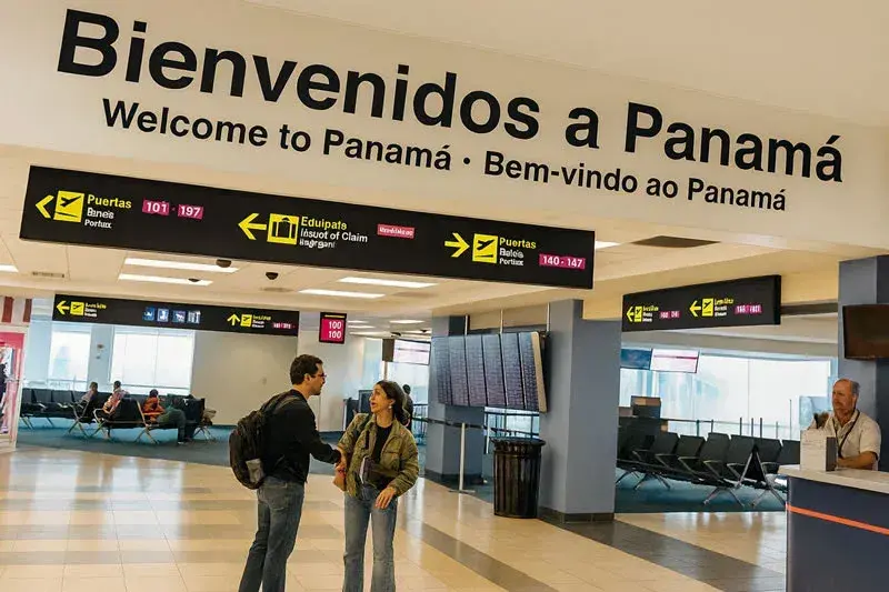 Interior de la Terminal 1 aeropuerto de Panam&aacute; con un cartel de bienvenida en tres idiomas ("Bienvenidos a Panam&aacute;", "Welcome to Panama", "Bem-vindo ao Panam&aacute;"), se&ntilde;ales de direcci&oacute;n bien definidas para puertas y reclamo de equipaje, y pasajeros interactuando
